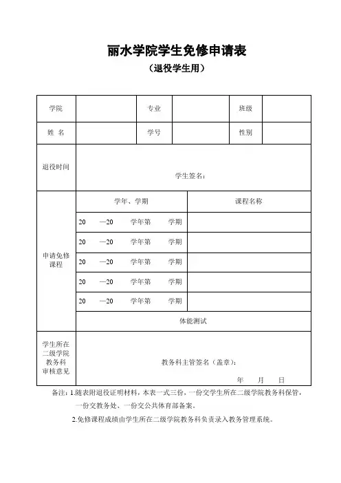 丽水学院学生免修申请表