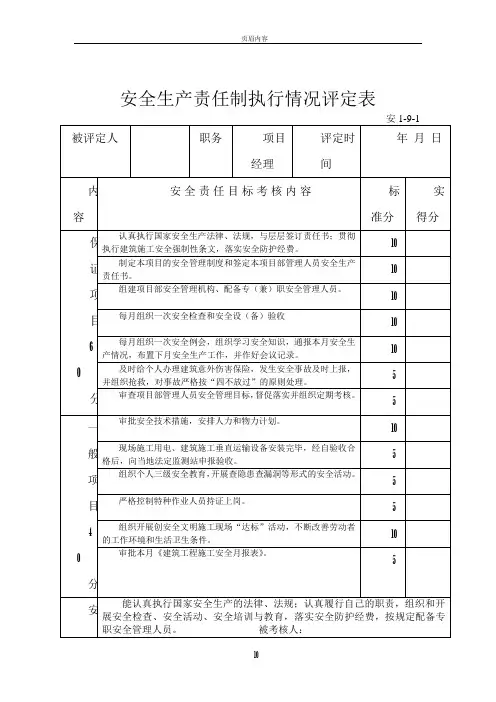 安全生产责任制执行情况评定表 (1)