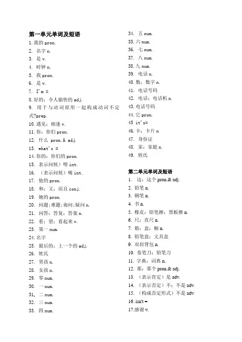 初一英语上册单词表练习