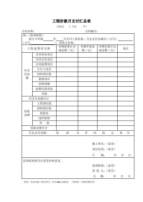 工程价款月支付汇总表