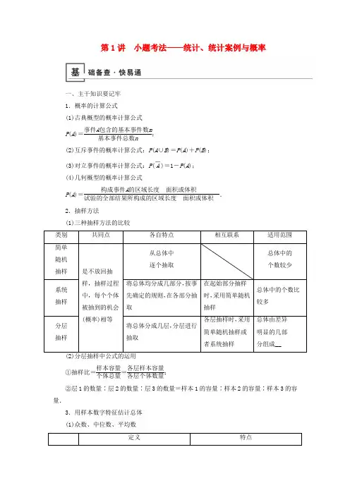 2019版高考数学二轮复习 第1篇 专题4 统计与概率 第1讲 小题考法——统计、统计案例与概率学案