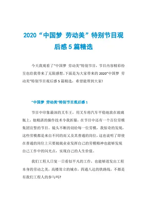 2020“中国梦 劳动美”特别节目观后感5篇精选