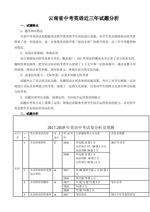 云南省中考英语近三年试题分析2017-2019