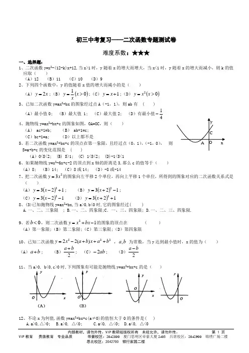 初三数学二次函数专题测试(附答案)