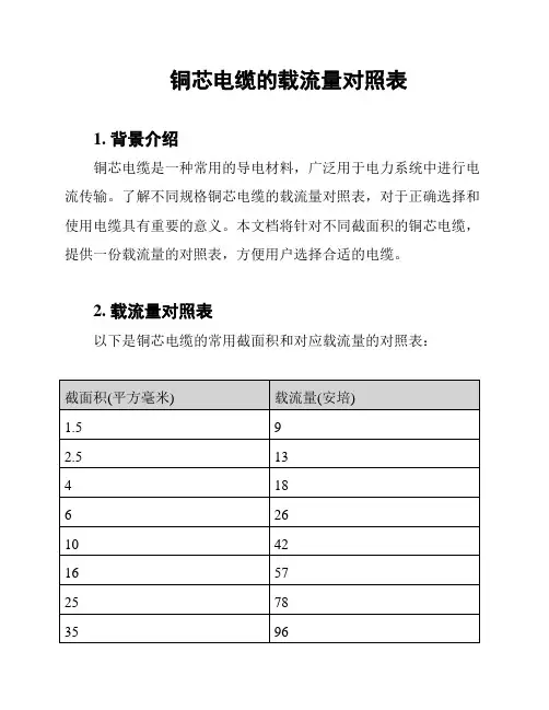 铜芯电缆的载流量对照表