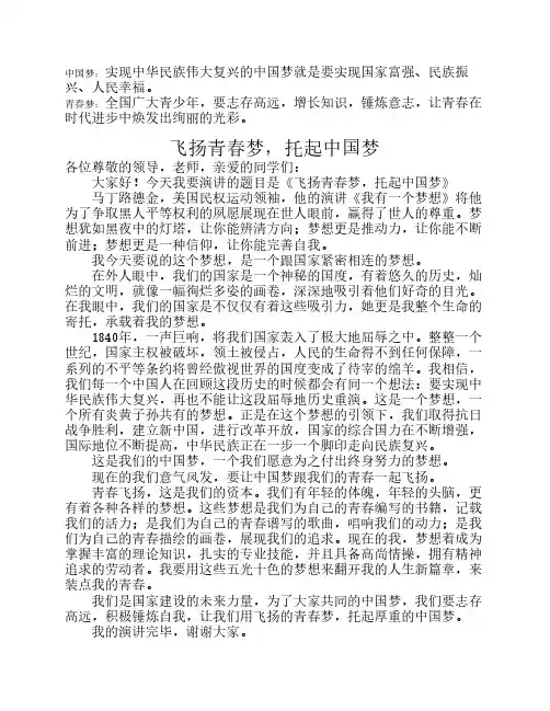 飞扬青春梦,托起中国梦演讲稿
