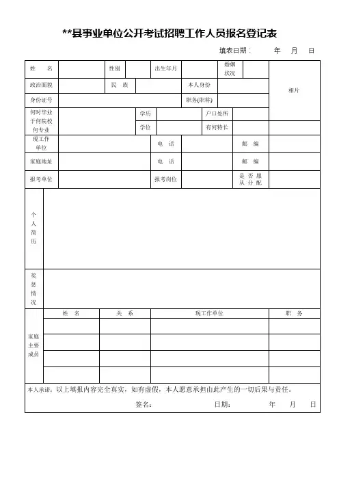 XX县事业单位公开考试招聘工作人员报名登记表【模板】