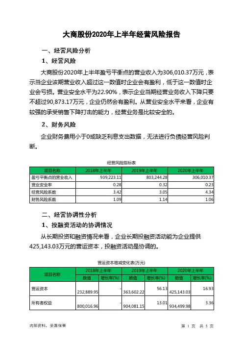 大商股份2020年上半年经营风险报告
