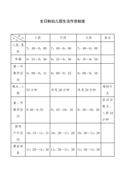 全日制幼儿园生活作息制度