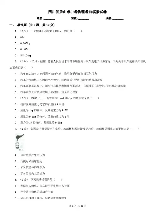 四川省乐山市中考物理考前模拟试卷