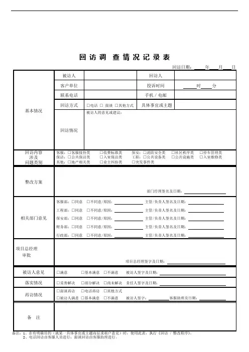 物业公司客服回访情况调查记录表