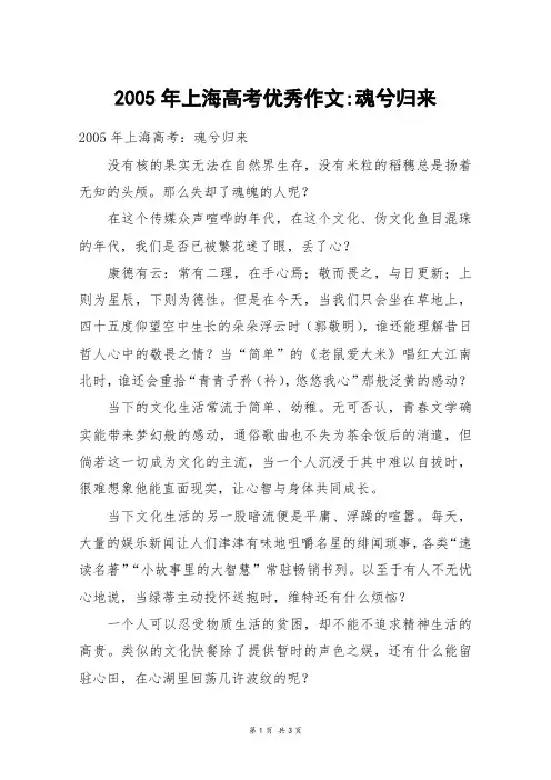 2005年上海高考优秀作文-魂兮归来_高考作文