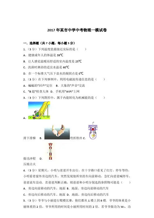 2017年某市中学中考物理一模试卷及参考答案