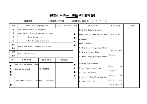 六年级下册Unit6 where ‘s your pen pal from教学设计教案