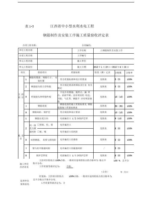 水利水电钢筋制作及安装工序施工质量验收评定表