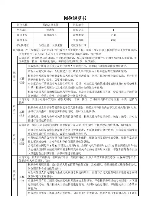 (完整版)行政主管岗位说明书