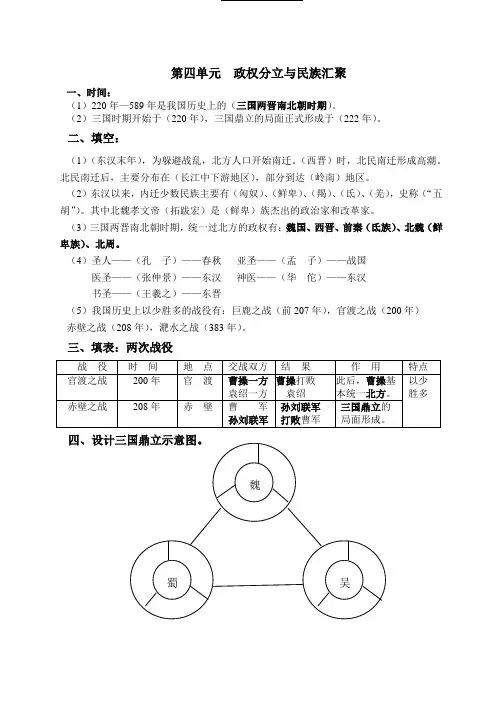 北师大版  七年级历史(上) 复习提纲  第四单元