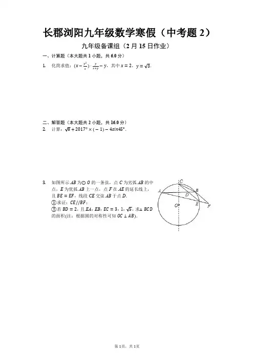 长郡浏阳九年级数学寒假(中考题2)
