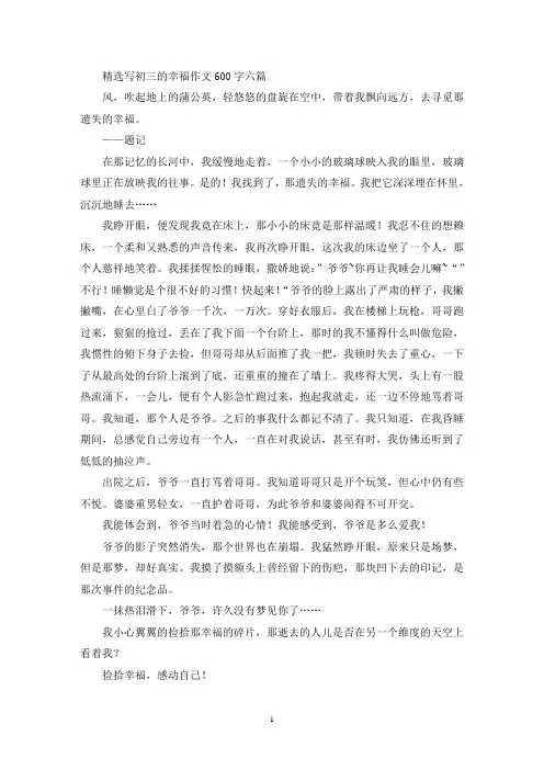 精选写初三的幸福作文600字六篇(最新)