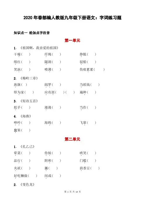 2020年春部编人教版九年级下册语文：字词练习题(含答案)