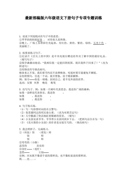 最新部编版六年级语文下册句子专项专题训练