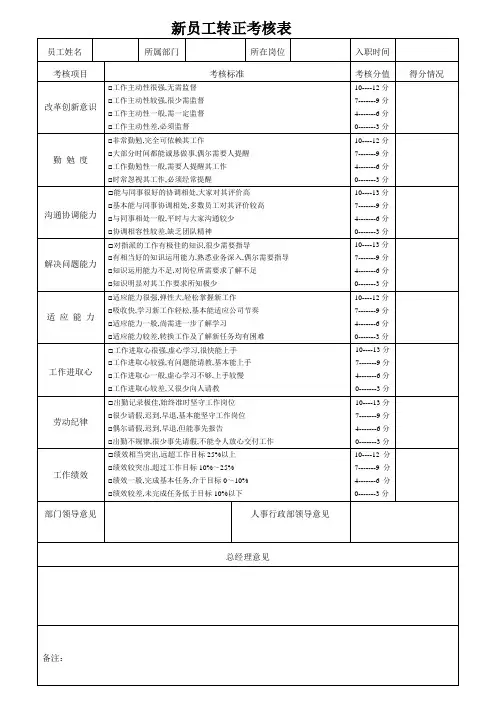 新员工转正考核表