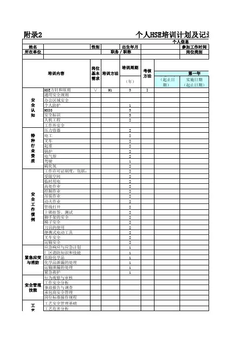 个人HSE培训计划及记录