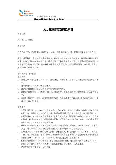 人力资源部经理 JD
