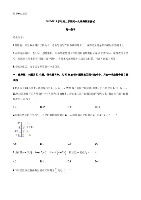 河南省天一大联考2018-2019学年高一下学期期末考试数学试题