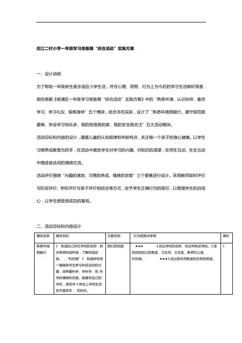 控江二村小学一年级学习准备期综合活动实施方案