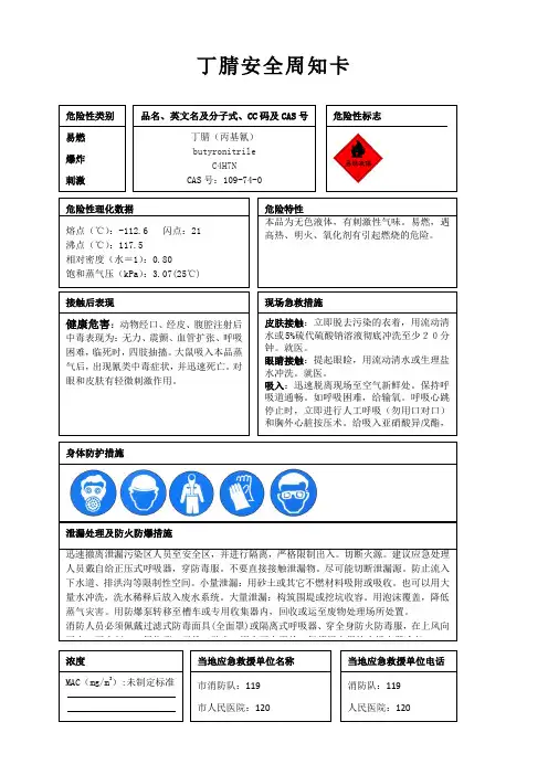 丁腈安全周知卡、职业危害告知卡、理化特性表