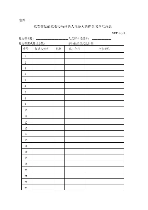 党支部酝酿党委委员候选人预备人选提名名单汇总表