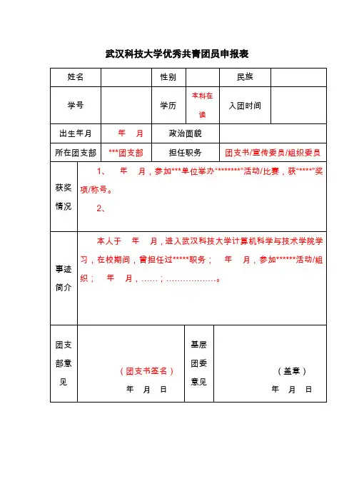 优秀共青团员申报表