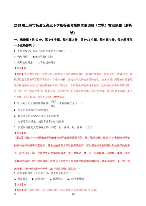 2018届上海市杨浦区高三下学期等级考模拟质量调研(二模)物理试题(解析版)