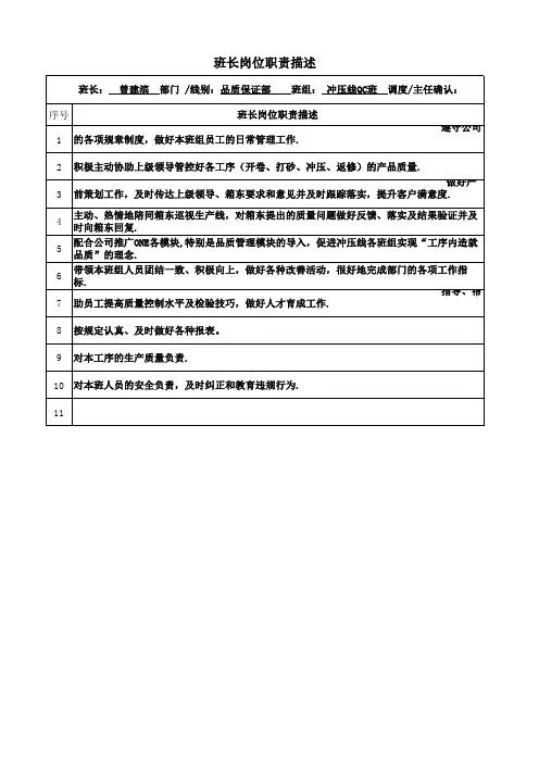 班长岗位职责描述