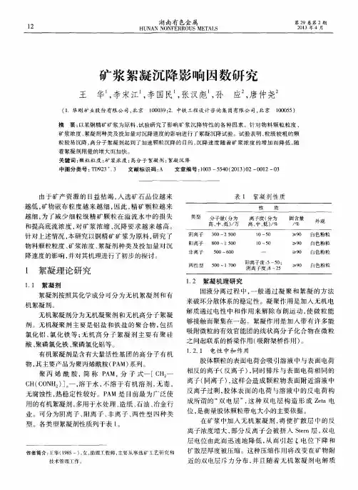 矿浆絮凝沉降影响因数研究