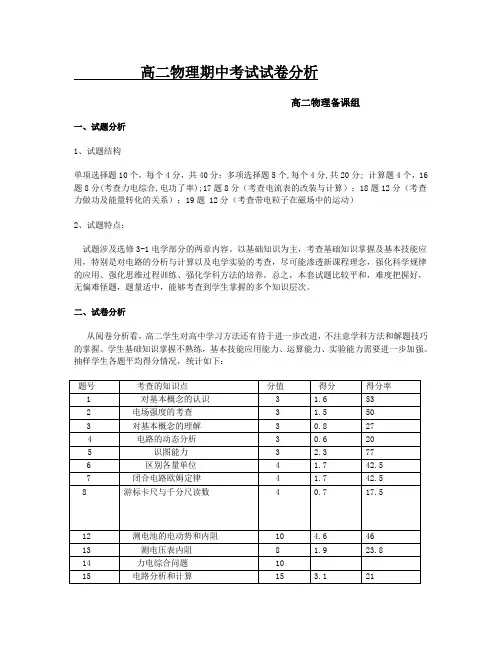 高二物理期中考试试卷分析