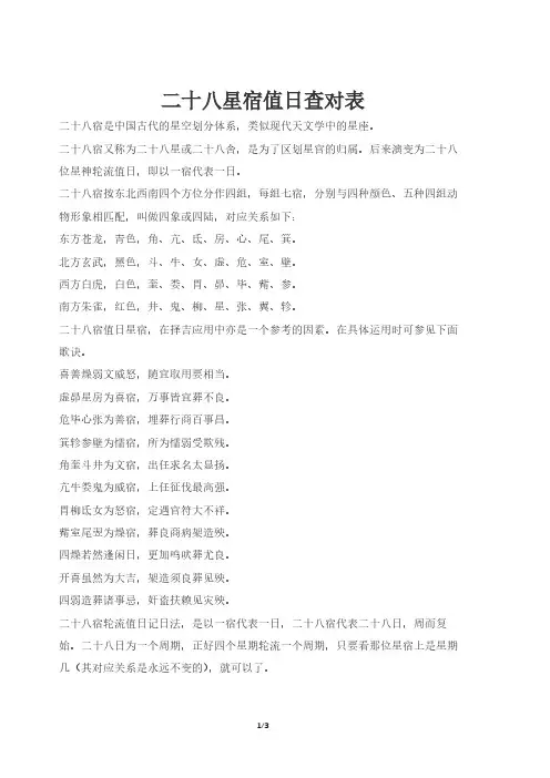 二十八星宿值日对比表