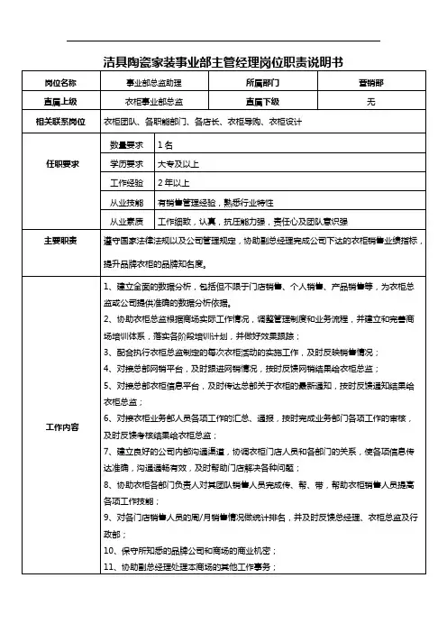洁具陶瓷楼盘小区拎包整装家装事业部主管经理岗位职责说明书