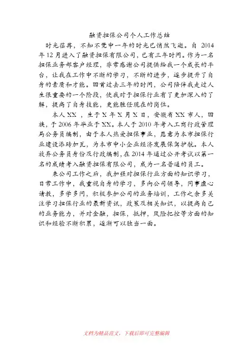 【员工个人工作总结】融资担保公司个人工作总结.doc