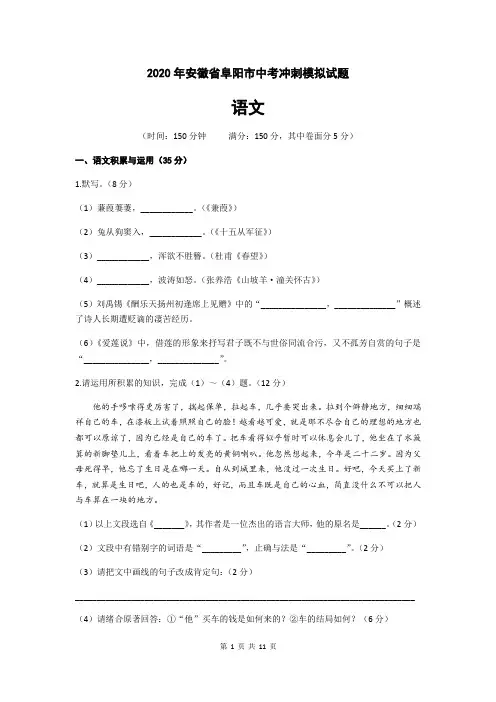 安徽省阜阳市2020年中考冲刺语文模拟试题(含答案)