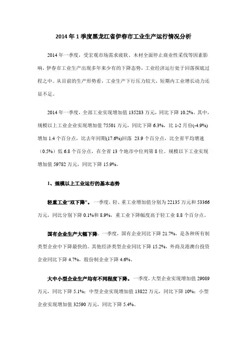 2014年1季度黑龙江省伊春市工业生产运行情况分析