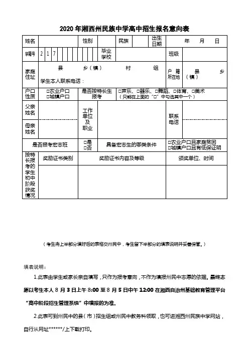 2020年湘西州民族中学高中招生报名意向表【模板】