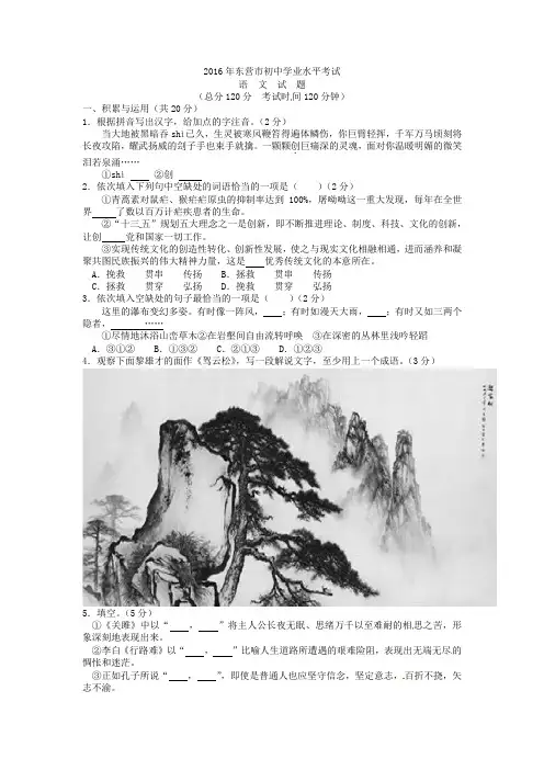 2016年东营市中考语文试题(含答案)