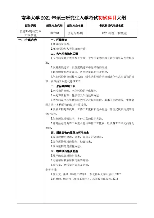 南华大学962 环境工程概论2021年考研专业课初试大纲