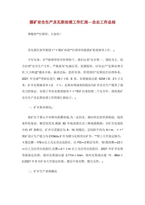 煤矿安全生产及瓦斯治理工作汇报企业工作总结