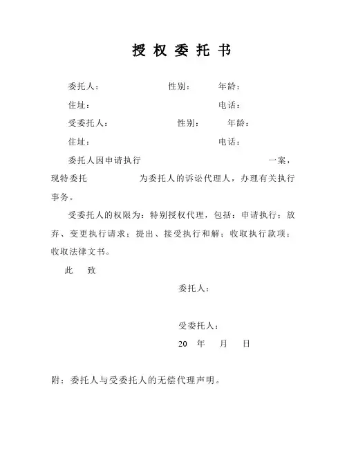 执行阶段授权委托书公民