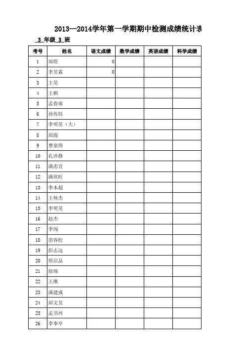 三年级成绩统计表