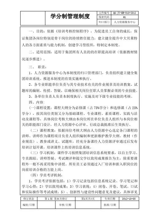 企业培训学分制管理制度