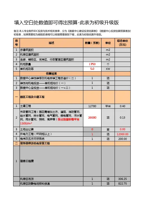 数据中心建设投资估算表预算表(升级版)